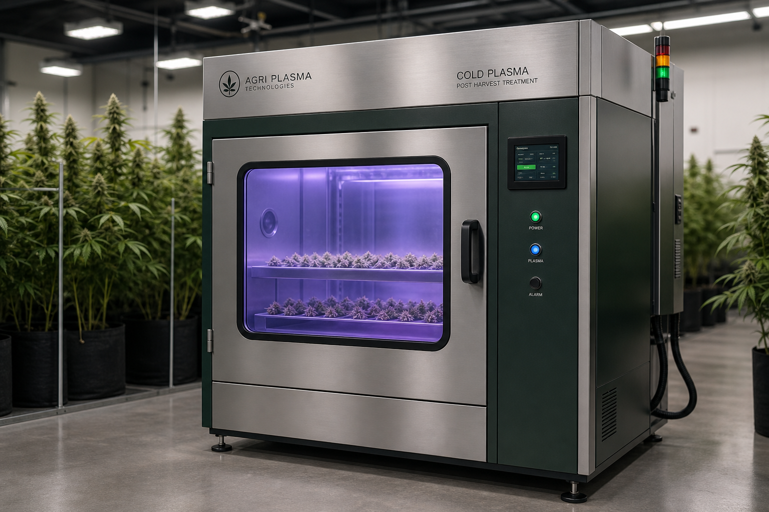 Industrial cold-plasma curing chamber in a controlled grow facility